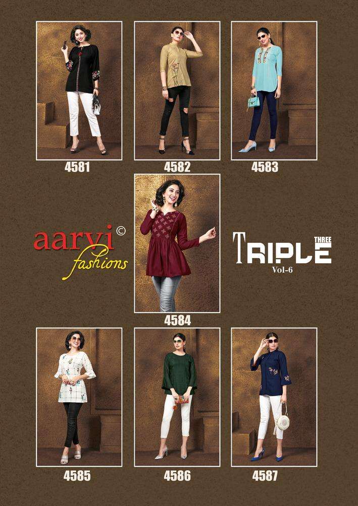 TRIPLE THREE VOL-6 BY AARVI FASHION 4581 TO 4587 SERIES DESIGNER BEAUTIFUL STYLISH COLORFUL FANCY READY TO WEAR & CASUAL WEAR & ETHNIC WEAR RAYON EMBROIDERED TOPS AT WHOLESALE PRICE