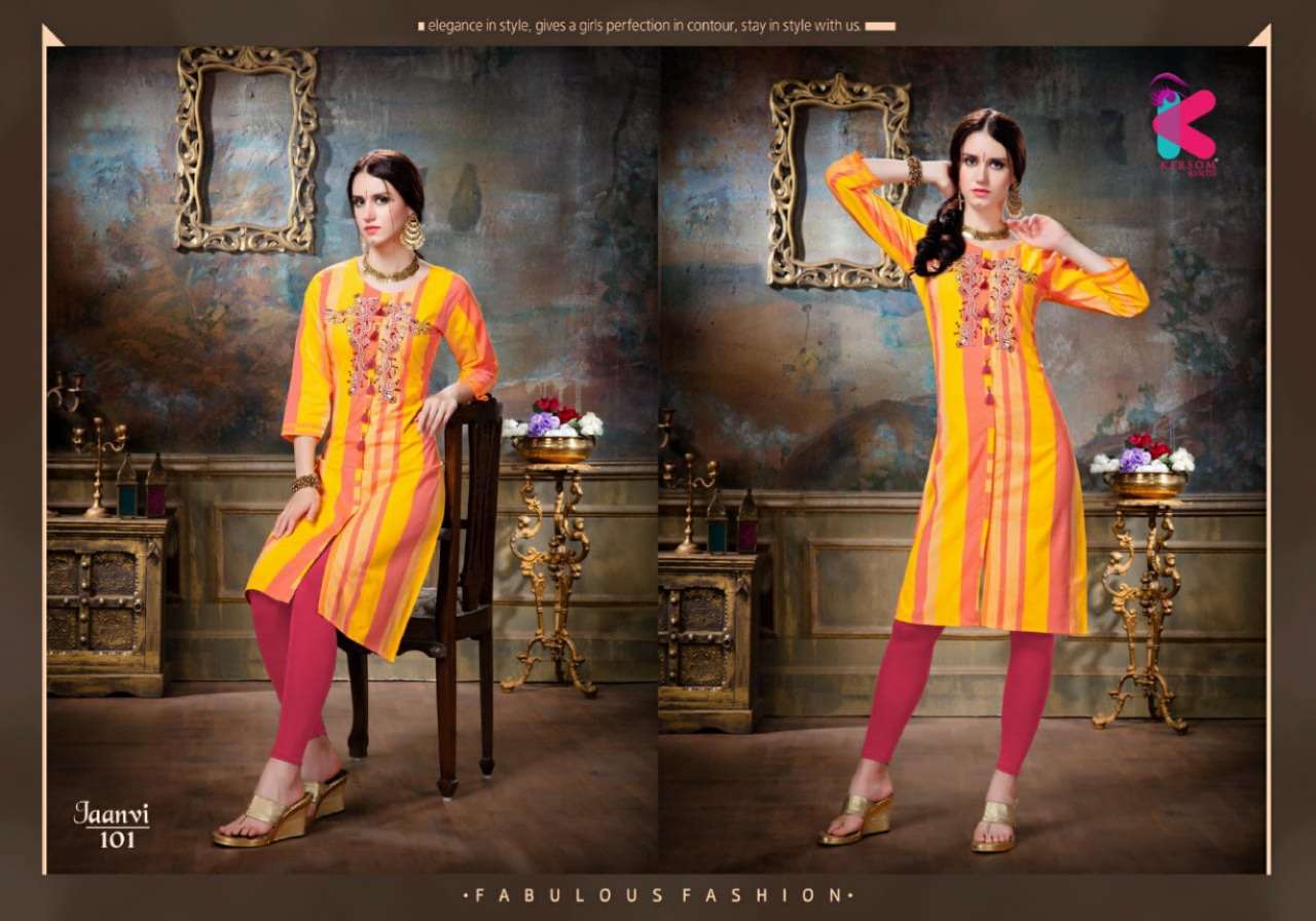 JAANVI BY KERSOM 101 TO 105 SERIES DESIGNER BEAUTIFUL STYLISH FANCY COLORFUL CASUAL WEAR & ETHNIC WEAR HEAVY COTTON EMBROIDERED KURTIS AT WHOLESALE PRICE