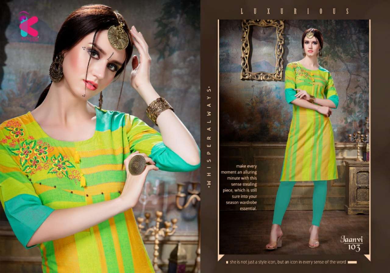 JAANVI BY KERSOM 101 TO 105 SERIES DESIGNER BEAUTIFUL STYLISH FANCY COLORFUL CASUAL WEAR & ETHNIC WEAR HEAVY COTTON EMBROIDERED KURTIS AT WHOLESALE PRICE