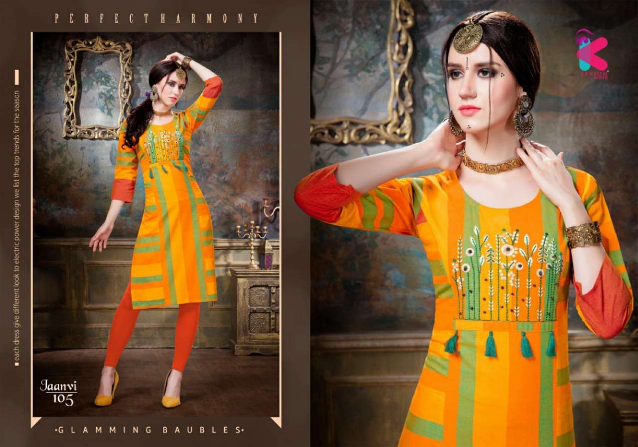 JAANVI BY KERSOM 101 TO 105 SERIES DESIGNER BEAUTIFUL STYLISH FANCY COLORFUL CASUAL WEAR & ETHNIC WEAR HEAVY COTTON EMBROIDERED KURTIS AT WHOLESALE PRICE