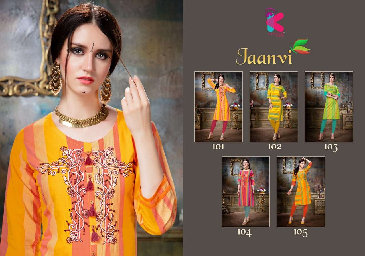 JAANVI BY KERSOM 101 TO 105 SERIES DESIGNER BEAUTIFUL STYLISH FANCY COLORFUL CASUAL WEAR & ETHNIC WEAR HEAVY COTTON EMBROIDERED KURTIS AT WHOLESALE PRICE