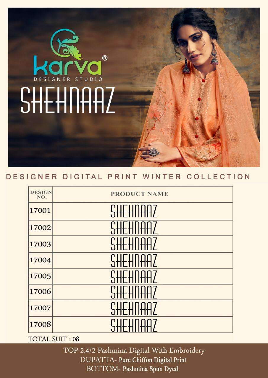 SHEHNAAZ BY KARVA DESIGNER STUDIO 17001 TO 17007 SERIES DESIGNER SHARARA SUITS BEAUTIFUL STYLISH FANCY COLORFUL PARTY WEAR & ETHNIC WEAR  PASHMINA  EMBROIDERY WITH DIGITAL PRINT DRESSES AT WHOLESALE PRICE