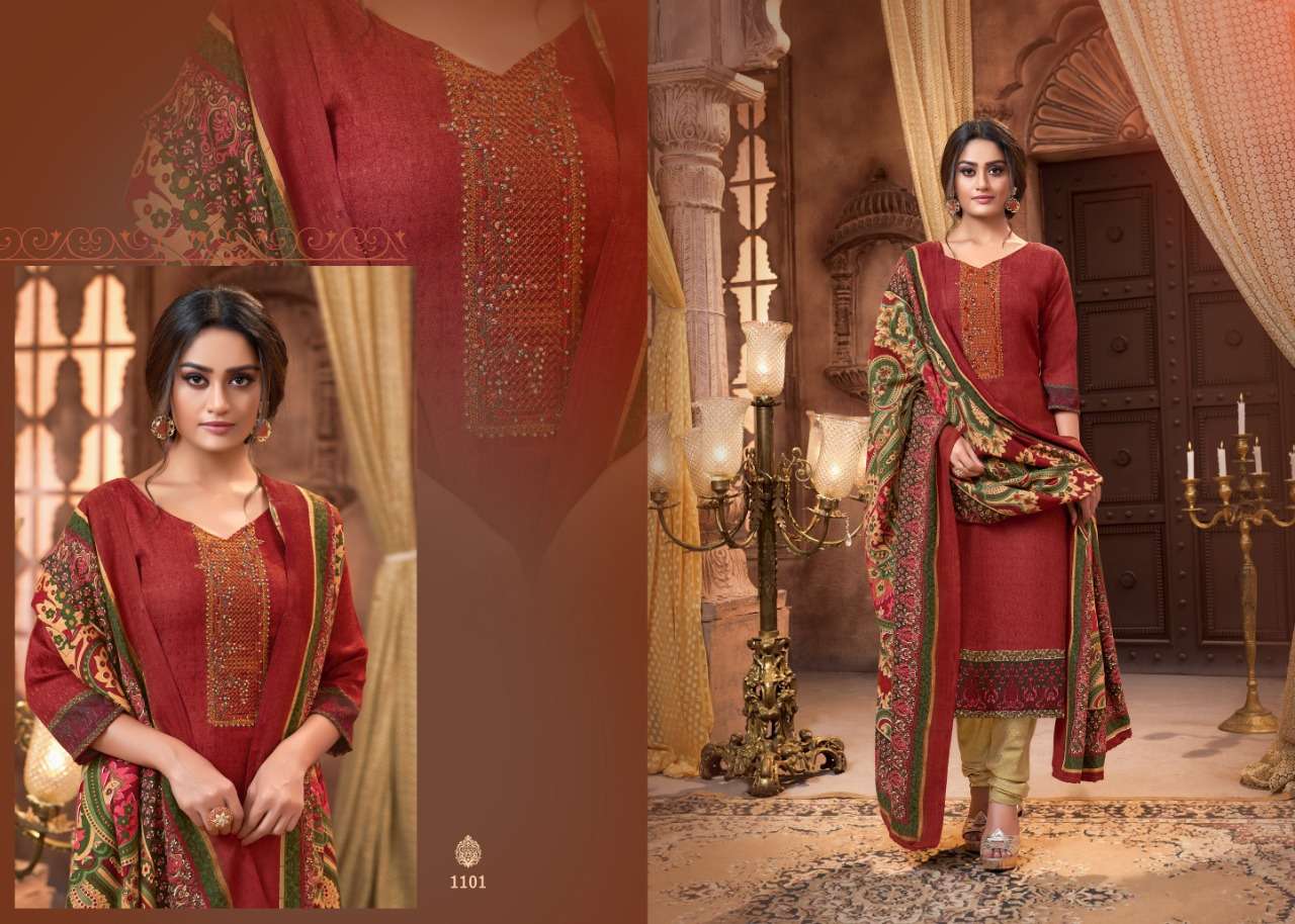 PASHMINA COLLECTION  BY MRIGNI  1101 TO 1108 SERIES BEAUTIFUL STYLISH FANCY COLORFUL CASUAL & PARTY WEAR & ETHNIC WEAR PURE PASHMINA DOBBY PRINTED KASHMIRI EMBROIDERI DRESSES AT WHOLESALE PRICE