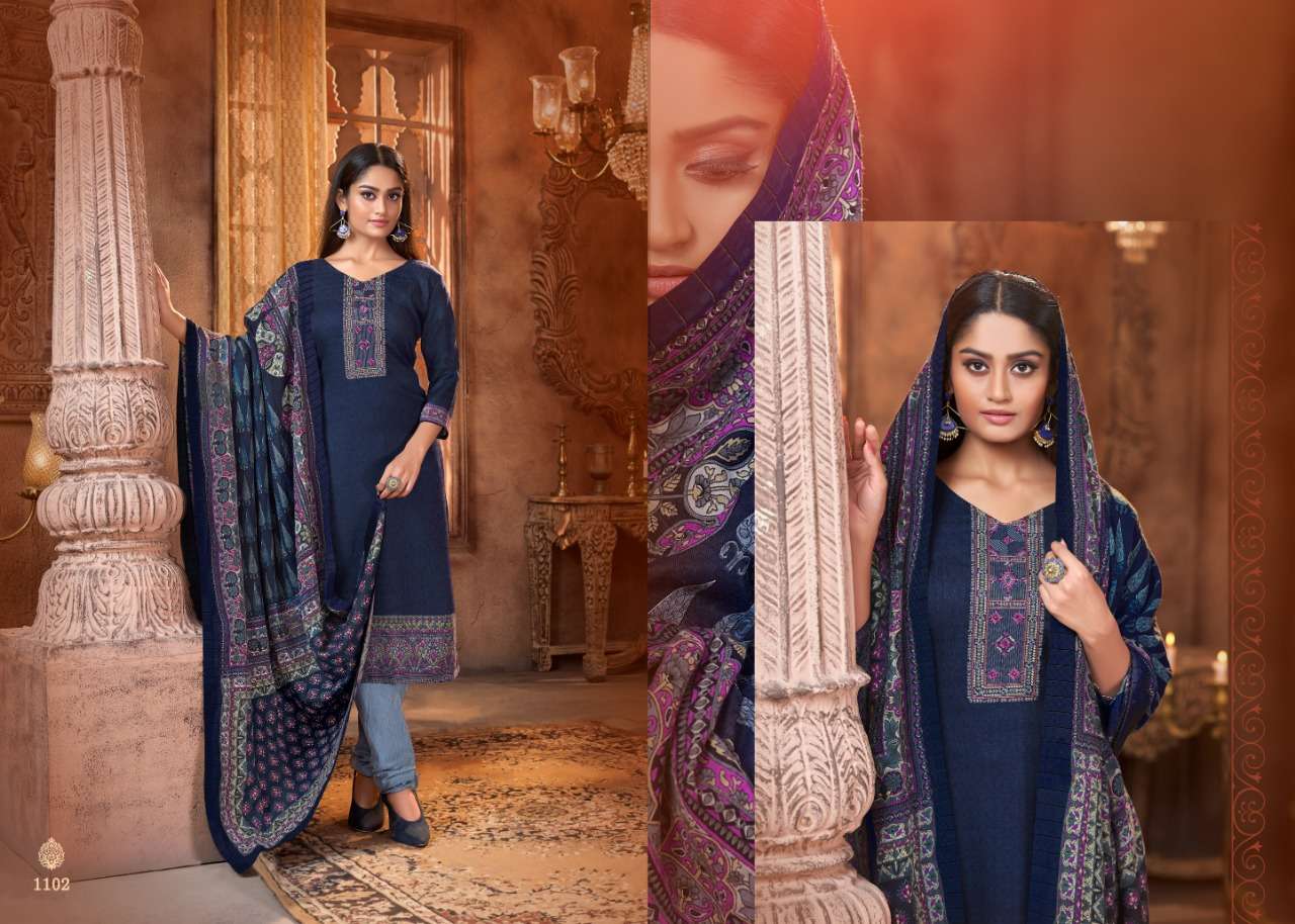 PASHMINA COLLECTION  BY MRIGNI  1101 TO 1108 SERIES BEAUTIFUL STYLISH FANCY COLORFUL CASUAL & PARTY WEAR & ETHNIC WEAR PURE PASHMINA DOBBY PRINTED KASHMIRI EMBROIDERI DRESSES AT WHOLESALE PRICE