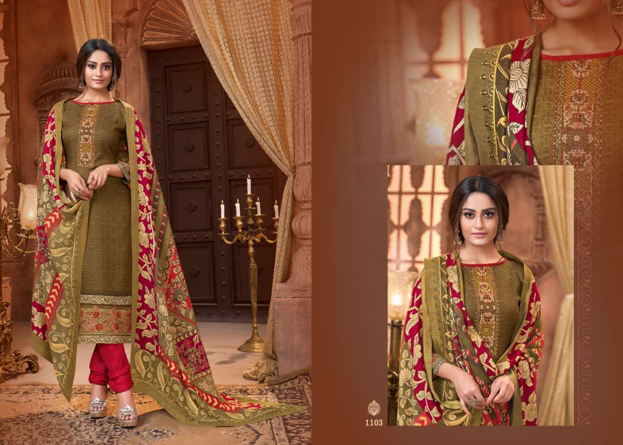 PASHMINA COLLECTION  BY MRIGNI  1101 TO 1108 SERIES BEAUTIFUL STYLISH FANCY COLORFUL CASUAL & PARTY WEAR & ETHNIC WEAR PURE PASHMINA DOBBY PRINTED KASHMIRI EMBROIDERI DRESSES AT WHOLESALE PRICE