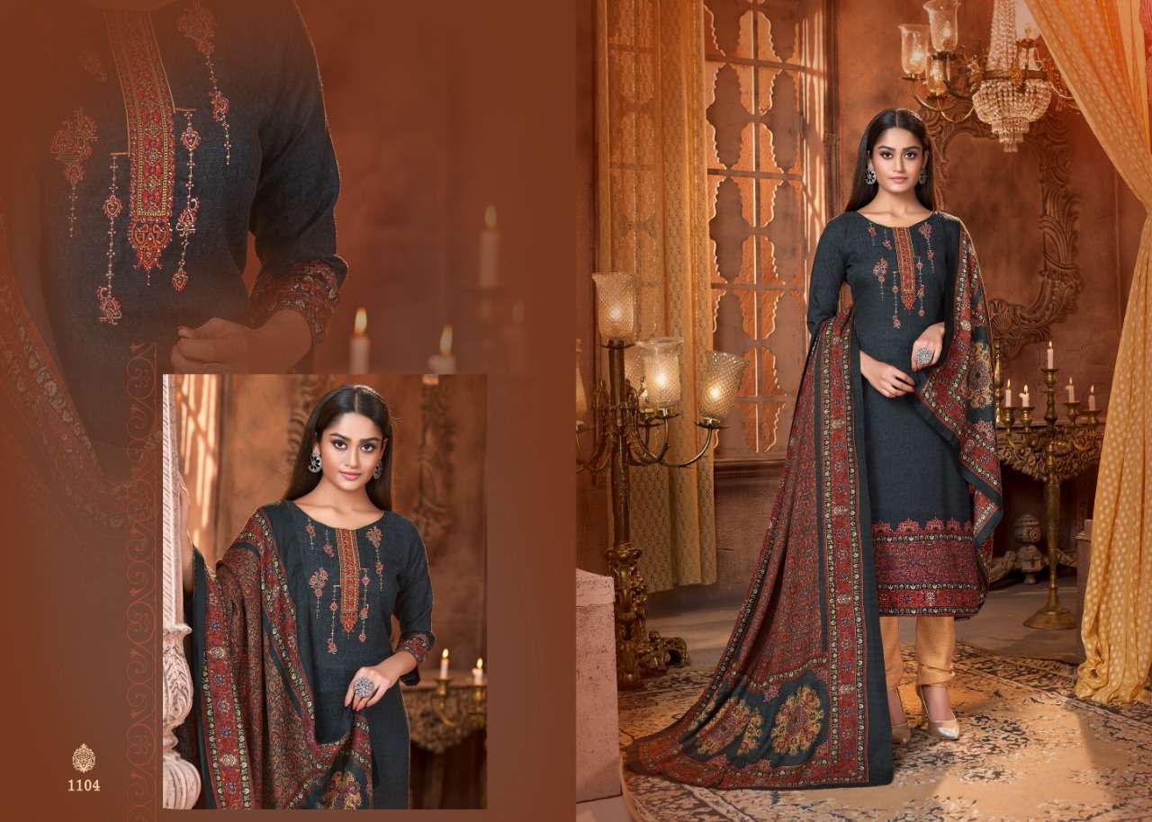 PASHMINA COLLECTION  BY MRIGNI  1101 TO 1108 SERIES BEAUTIFUL STYLISH FANCY COLORFUL CASUAL & PARTY WEAR & ETHNIC WEAR PURE PASHMINA DOBBY PRINTED KASHMIRI EMBROIDERI DRESSES AT WHOLESALE PRICE