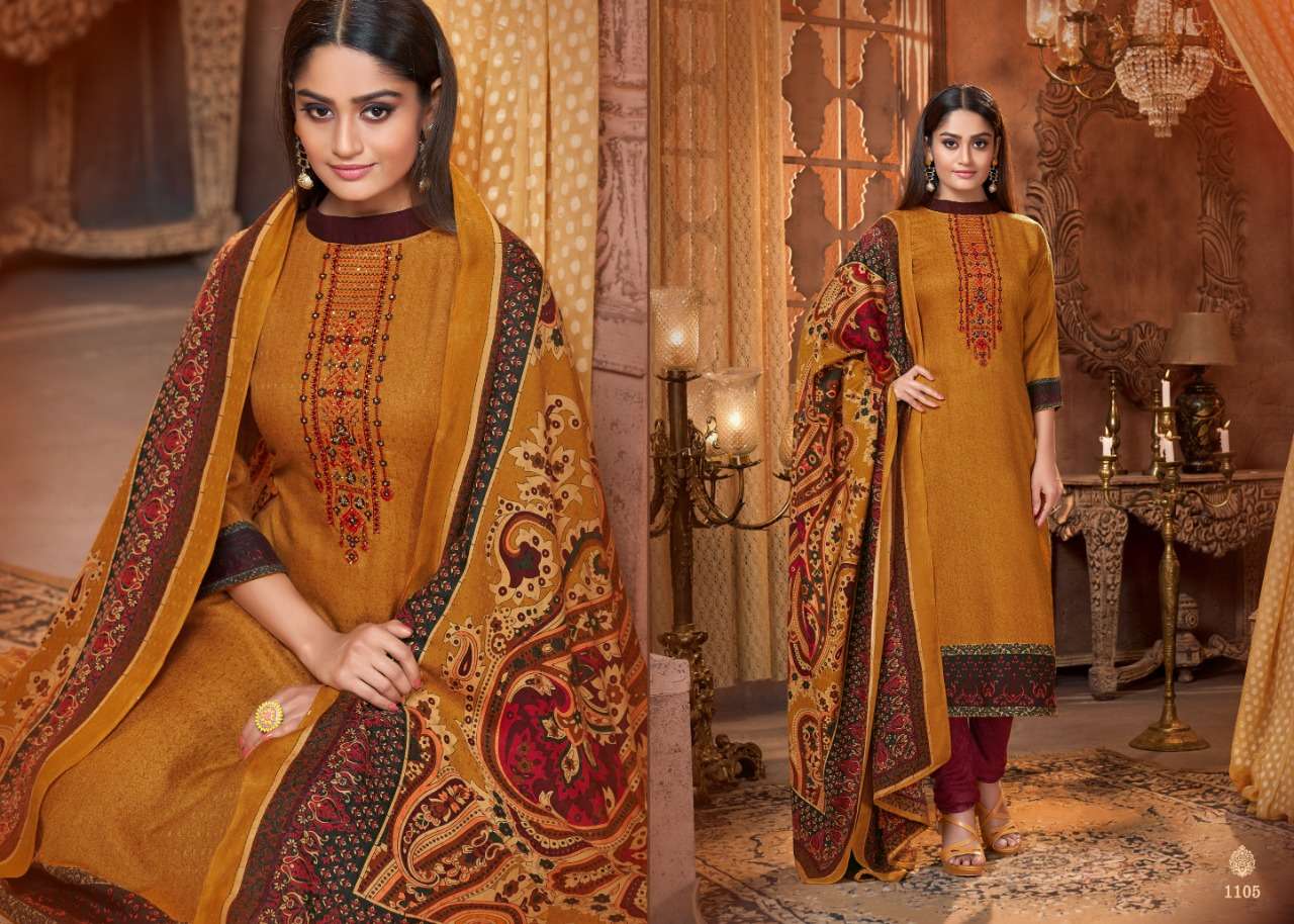 PASHMINA COLLECTION  BY MRIGNI  1101 TO 1108 SERIES BEAUTIFUL STYLISH FANCY COLORFUL CASUAL & PARTY WEAR & ETHNIC WEAR PURE PASHMINA DOBBY PRINTED KASHMIRI EMBROIDERI DRESSES AT WHOLESALE PRICE