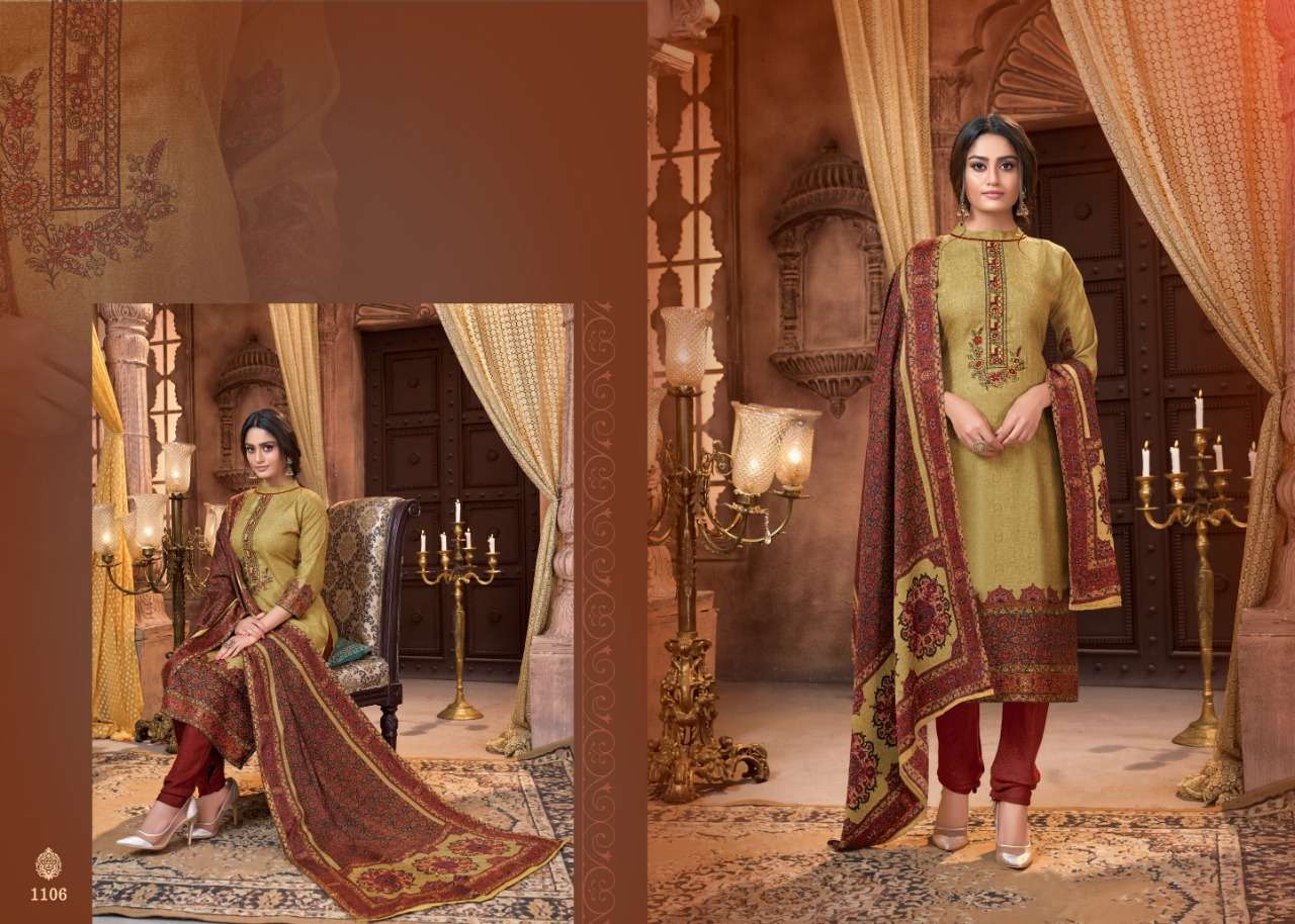 PASHMINA COLLECTION  BY MRIGNI  1101 TO 1108 SERIES BEAUTIFUL STYLISH FANCY COLORFUL CASUAL & PARTY WEAR & ETHNIC WEAR PURE PASHMINA DOBBY PRINTED KASHMIRI EMBROIDERI DRESSES AT WHOLESALE PRICE