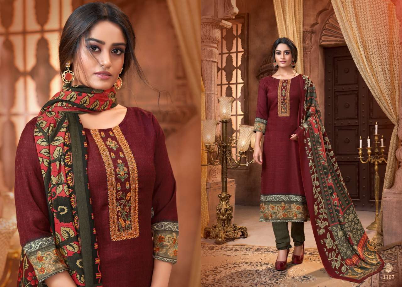 PASHMINA COLLECTION  BY MRIGNI  1101 TO 1108 SERIES BEAUTIFUL STYLISH FANCY COLORFUL CASUAL & PARTY WEAR & ETHNIC WEAR PURE PASHMINA DOBBY PRINTED KASHMIRI EMBROIDERI DRESSES AT WHOLESALE PRICE
