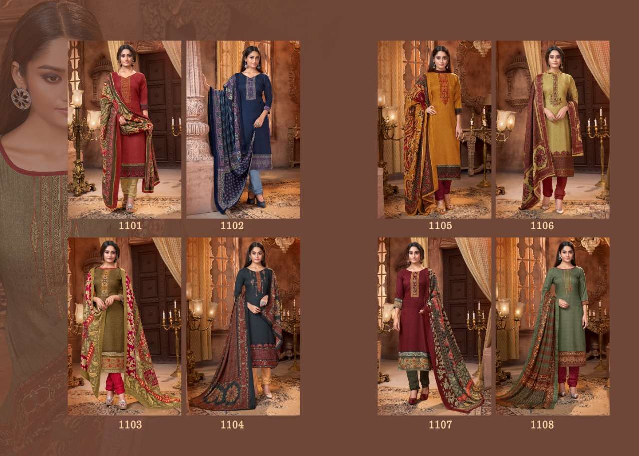 PASHMINA COLLECTION  BY MRIGNI  1101 TO 1108 SERIES BEAUTIFUL STYLISH FANCY COLORFUL CASUAL & PARTY WEAR & ETHNIC WEAR PURE PASHMINA DOBBY PRINTED KASHMIRI EMBROIDERI DRESSES AT WHOLESALE PRICE