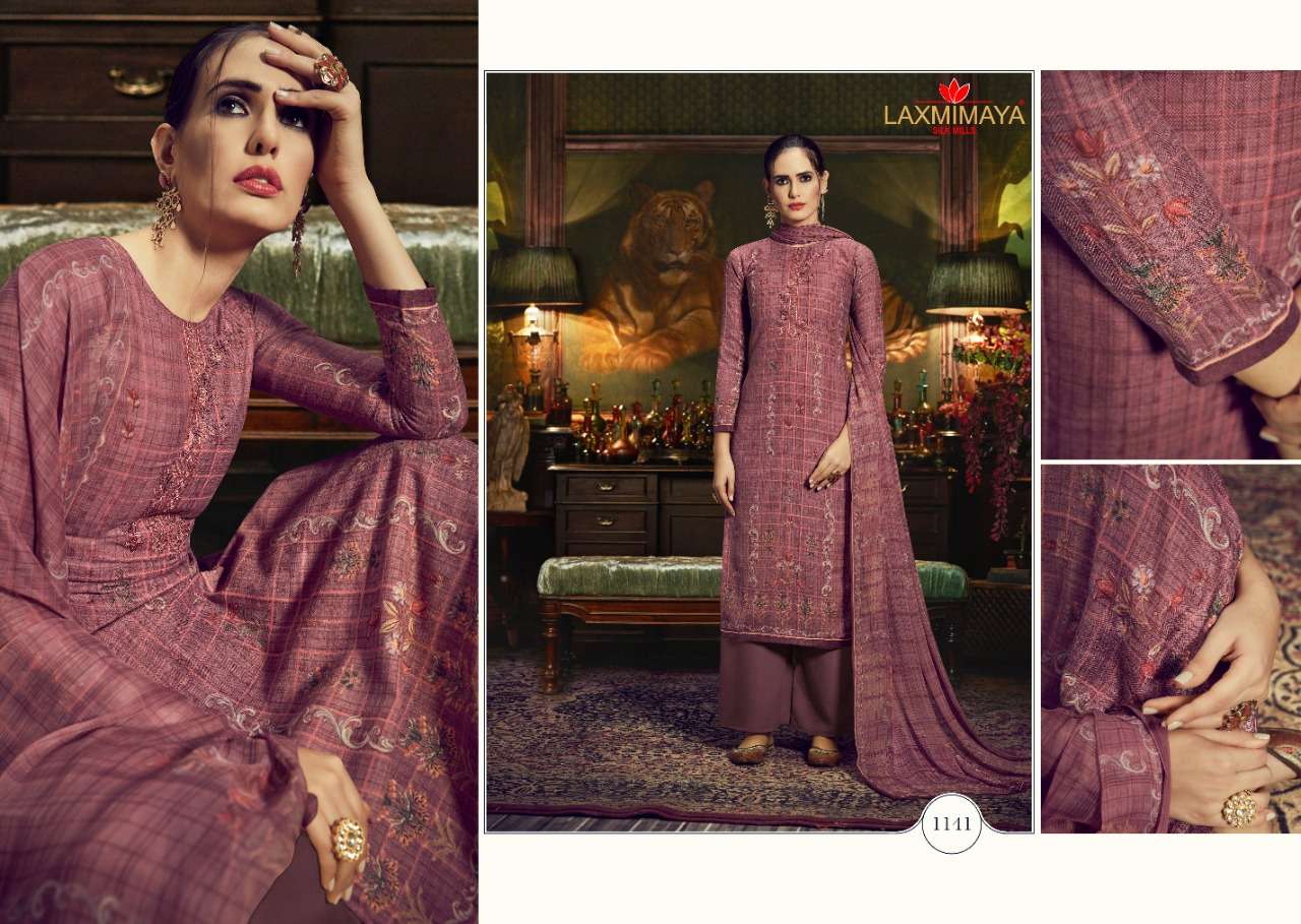 GAZAL BY LAXMIMAYA SILK MILLS 1140 TO 1149 SERIES STYLISH BEAUTIFUL COLOURFUL PRINTED & EMBROIDERED PARTY WEAR & OCCASIONAL WEAR TWILL PASHMINA PRINT WITH EMBROIDERY DRESSES AT WHOLESALE PRICE