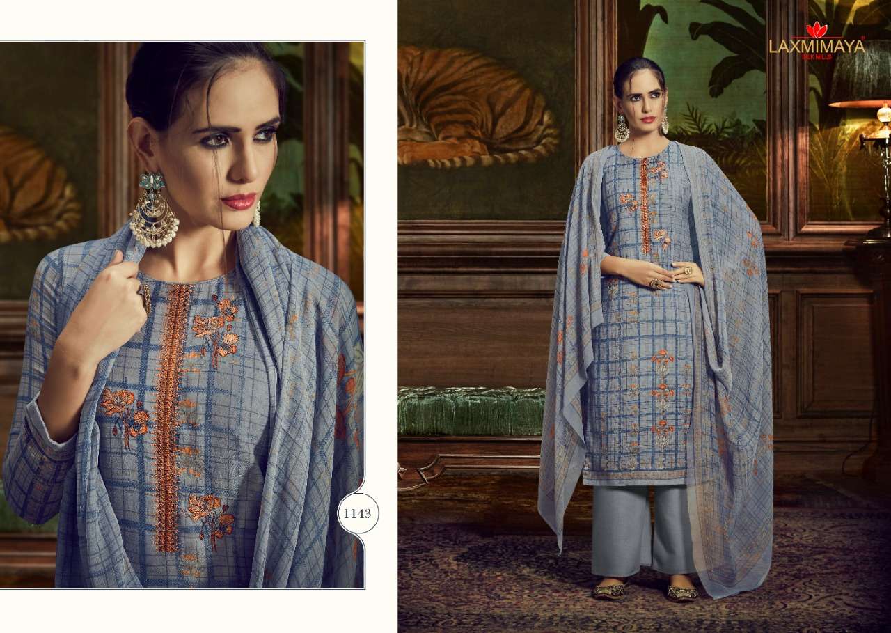 GAZAL BY LAXMIMAYA SILK MILLS 1140 TO 1149 SERIES STYLISH BEAUTIFUL COLOURFUL PRINTED & EMBROIDERED PARTY WEAR & OCCASIONAL WEAR TWILL PASHMINA PRINT WITH EMBROIDERY DRESSES AT WHOLESALE PRICE