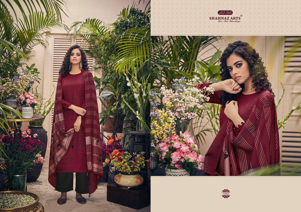 GUJARISH BY SHAHNAZ ARTS 1001 TO 1008  SERIES SUITS STYLISH BEAUTIFUL COLOURFUL PRINTED & EMBROIDERED PARTY WEAR & OCCASIONAL WEAR HEAVY PASHMINA PRINTED DRESSES AT WHOLESALE PRICE