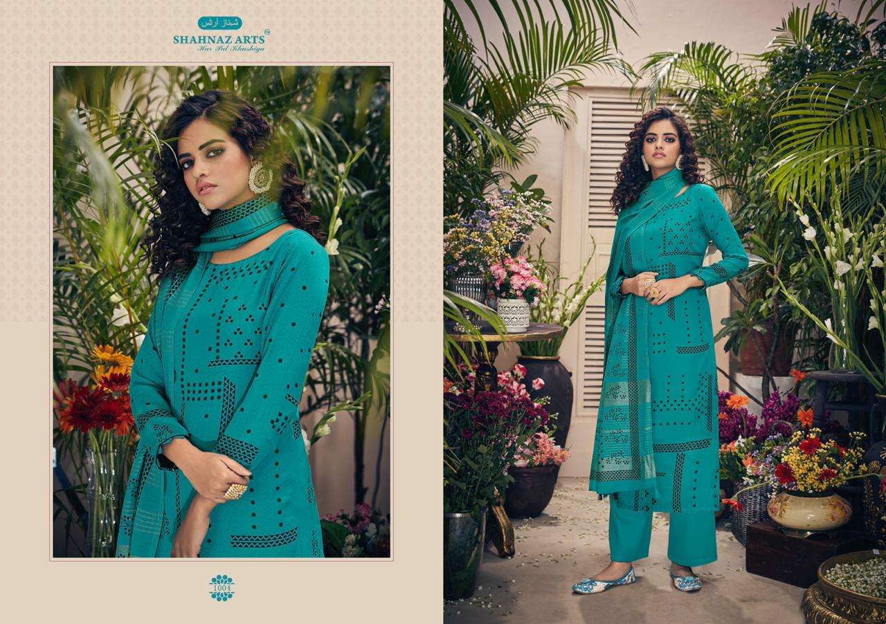 GUJARISH BY SHAHNAZ ARTS 1001 TO 1008  SERIES SUITS STYLISH BEAUTIFUL COLOURFUL PRINTED & EMBROIDERED PARTY WEAR & OCCASIONAL WEAR HEAVY PASHMINA PRINTED DRESSES AT WHOLESALE PRICE