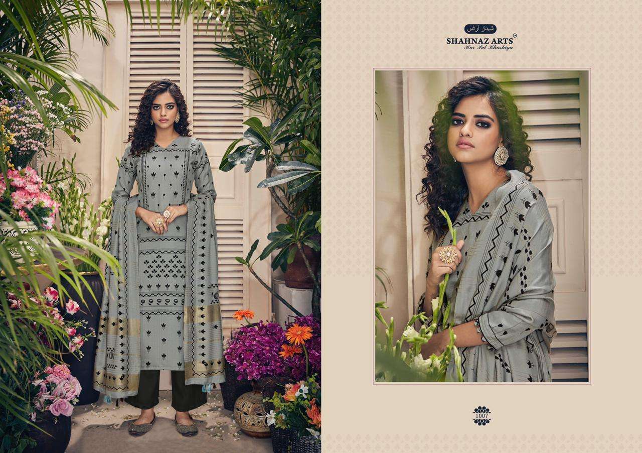 GUJARISH BY SHAHNAZ ARTS 1001 TO 1008  SERIES SUITS STYLISH BEAUTIFUL COLOURFUL PRINTED & EMBROIDERED PARTY WEAR & OCCASIONAL WEAR HEAVY PASHMINA PRINTED DRESSES AT WHOLESALE PRICE