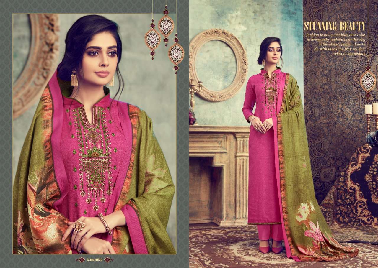 FLUENCE BY I.B NX 4513 TO 4520 SERIES SUITS STYLISH BEAUTIFUL COLOURFUL PRINTED & EMBROIDERED PARTY WEAR & OCCASIONAL WEAR PURE  PASHMINA PRINTED WITH EMBROIDERY DRESSES AT WHOLESALE PRICE