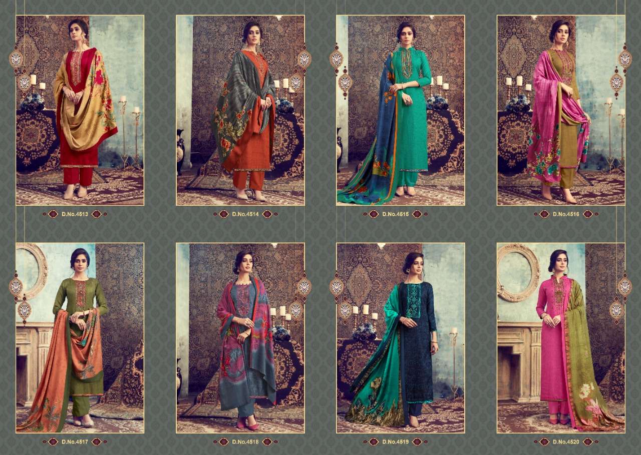 FLUENCE BY I.B NX 4513 TO 4520 SERIES SUITS STYLISH BEAUTIFUL COLOURFUL PRINTED & EMBROIDERED PARTY WEAR & OCCASIONAL WEAR PURE  PASHMINA PRINTED WITH EMBROIDERY DRESSES AT WHOLESALE PRICE