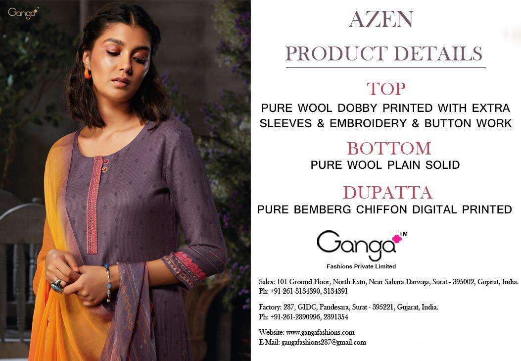 AZEN BY GANGA FASHION 8137 TO 8145 SERIES  STYLISH BEAUTIFUL COLOURFUL PRINTED & EMBROIDERED PARTY WEAR & OCCASIONAL WEAR PURE WOOL DOBBY PRINTED  DRESSES AT WHOLESALE PRICE