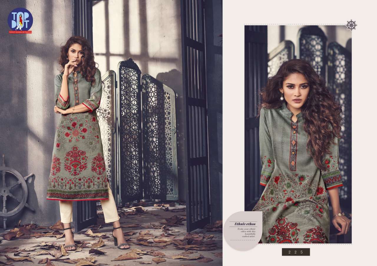 PASHMINA BY TOP DOT 221 TO 230 SERIES BEAUTIFUL STYLISH COLORFUL FANCY PARTY WEAR & ETHNIC WEAR & READY TO WEAR FAUX PASHMINA PRINTED KURTIS AT WHOLESALE PRICE