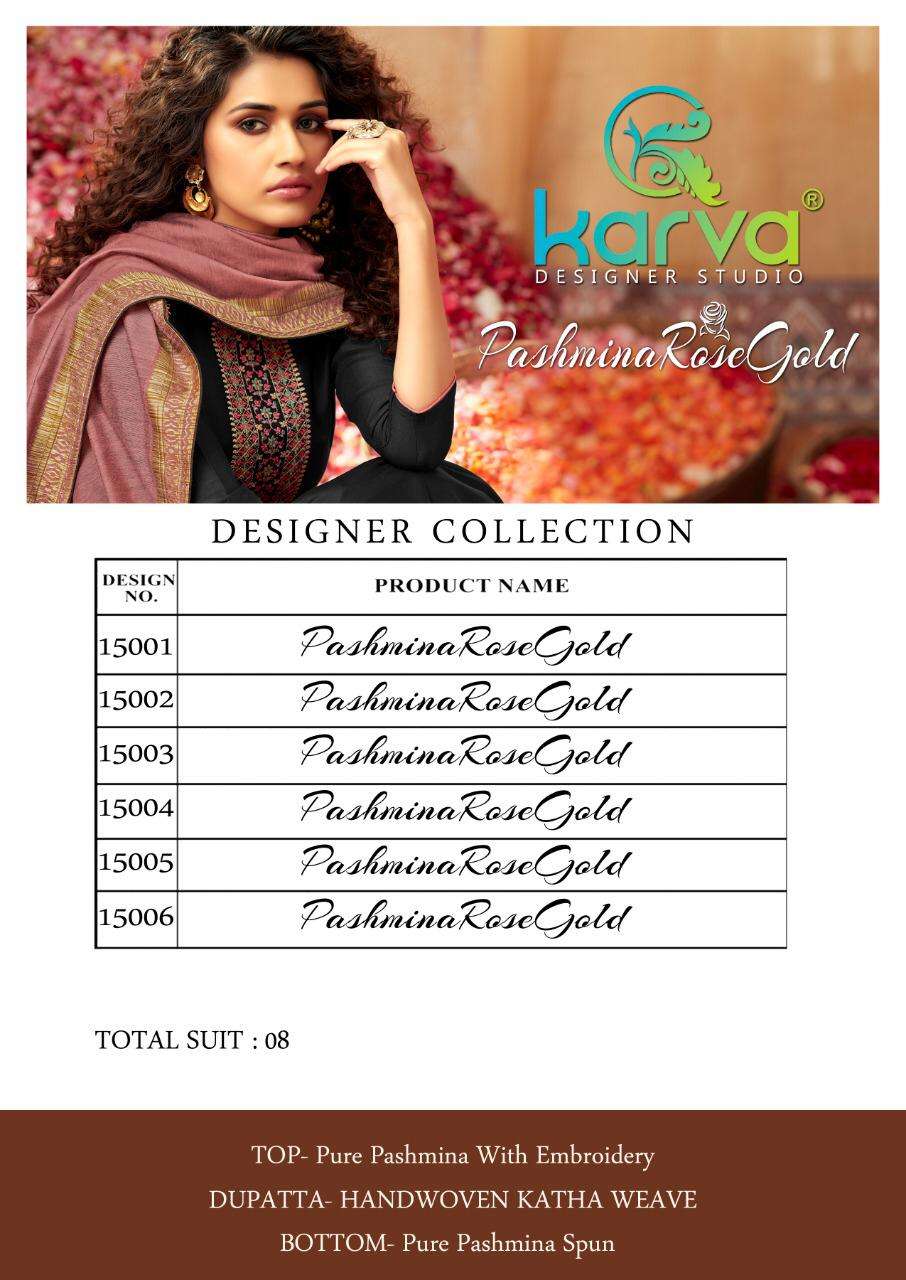 PASHMINA ROSE GOLD BY KARVA DESIGNER STUDIO 15001 TO 15006 SERIES STYLISH BEAUTIFUL COLOURFUL PRINTED & EMBROIDERED PARTY WEAR & OCCASIONAL WEAR PURE PASHMINA WITH EMBROIDERY DRESSES AT WHOLESALE PRICE