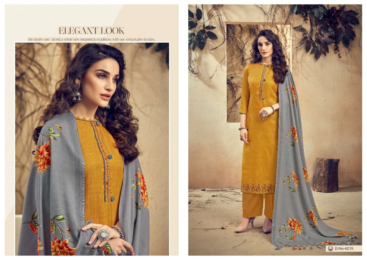 THE MAGNET BY KALYAN PRINTS 4213 TO 4220 SERIES STYLISH BEAUTIFUL COLOURFUL PRINTED & EMBROIDERED PARTY WEAR & OCCASIONAL WEAR PURE PASHMINA PRINTED WITH FANCY SELF EMBROIDERY DRESSES AT WHOLESALE PRICE