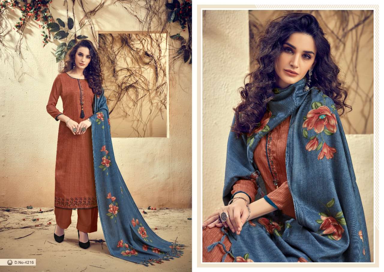 THE MAGNET BY KALYAN PRINTS 4213 TO 4220 SERIES STYLISH BEAUTIFUL COLOURFUL PRINTED & EMBROIDERED PARTY WEAR & OCCASIONAL WEAR PURE PASHMINA PRINTED WITH FANCY SELF EMBROIDERY DRESSES AT WHOLESALE PRICE