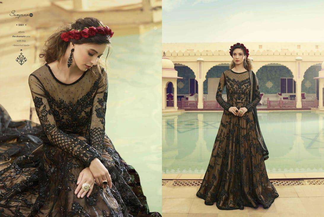 SAGA VOL-5 BY SAMPANN NX 5501 TO 5507 SERIES ANARKALI DESIGNER BEAUTIFUL SUITS COLORFUL STYLISH FANCY CASUAL WEAR & ETHNIC WEAR BUTTERFLY NET/SILK DRESSES AT WHOLESALE PRICE