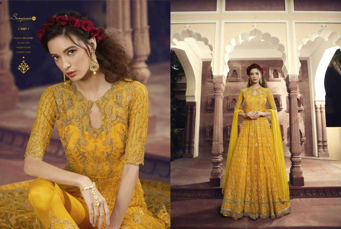 SAGA VOL-5 BY SAMPANN NX 5501 TO 5507 SERIES ANARKALI DESIGNER BEAUTIFUL SUITS COLORFUL STYLISH FANCY CASUAL WEAR & ETHNIC WEAR BUTTERFLY NET/SILK DRESSES AT WHOLESALE PRICE