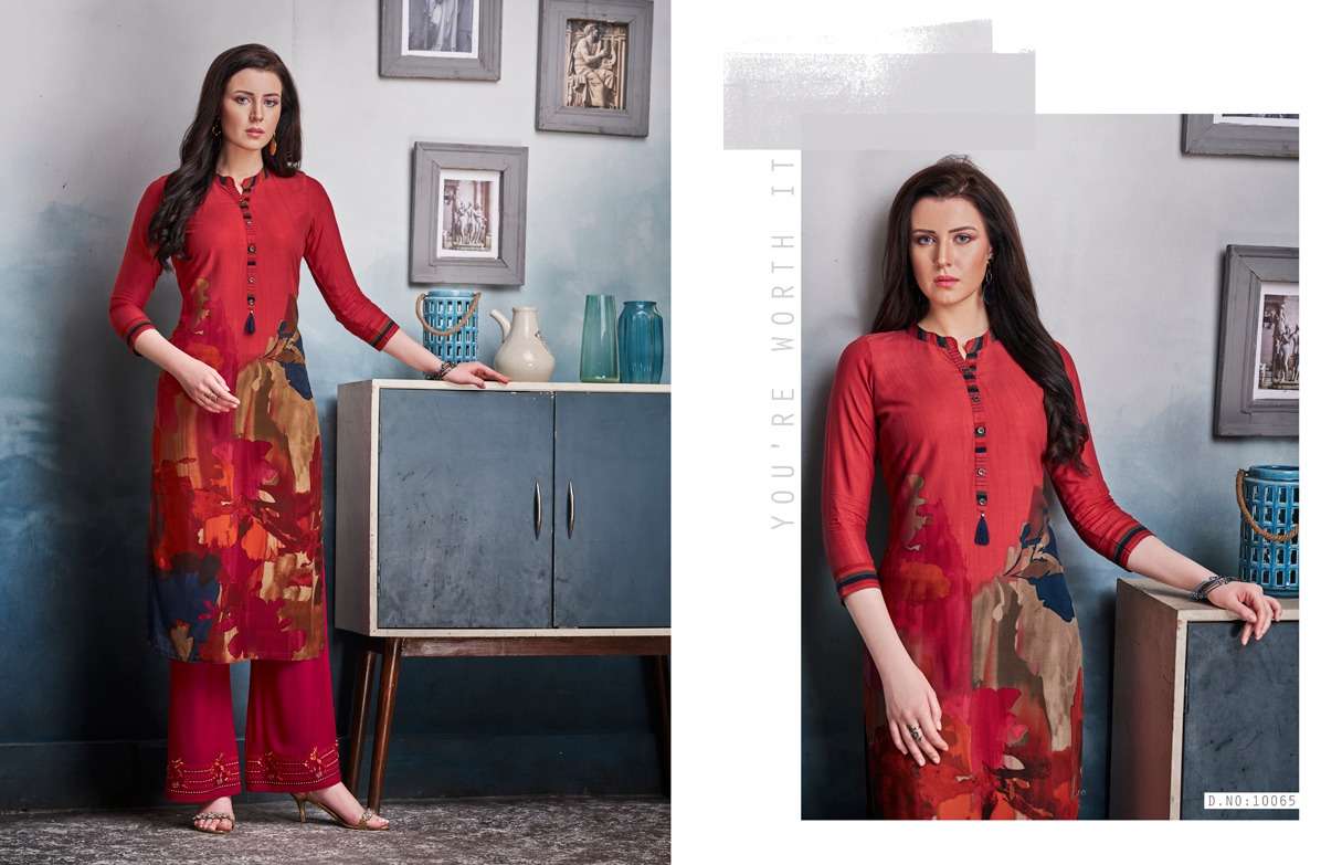 CHAMBOR VOL-8 BY KAJREE FASHION 10061 TO 10072 SERIES STYLISH FANCY BEAUTIFUL COLORFUL CASUAL WEAR & ETHNIC WEAR RAYON PRINTED KURTIS WITH BOTTOM AT WHOLESALE PRICE