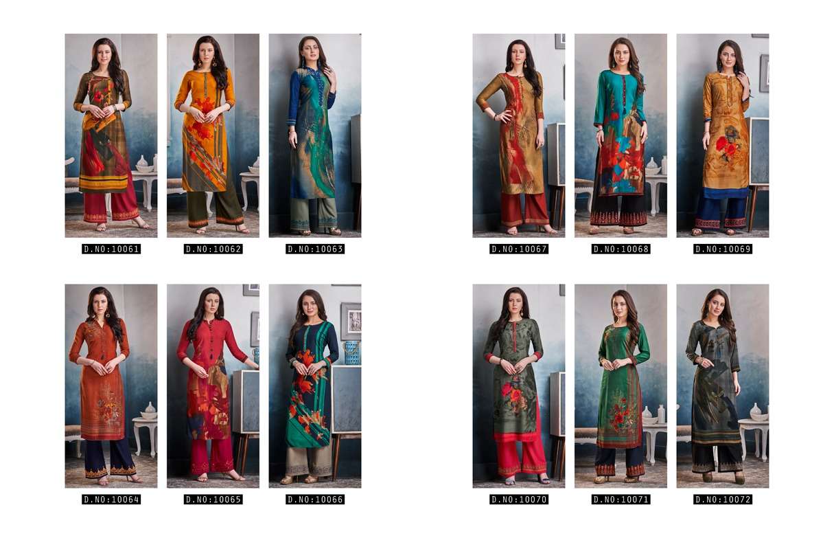 CHAMBOR VOL-8 BY KAJREE FASHION 10061 TO 10072 SERIES STYLISH FANCY BEAUTIFUL COLORFUL CASUAL WEAR & ETHNIC WEAR RAYON PRINTED KURTIS WITH BOTTOM AT WHOLESALE PRICE