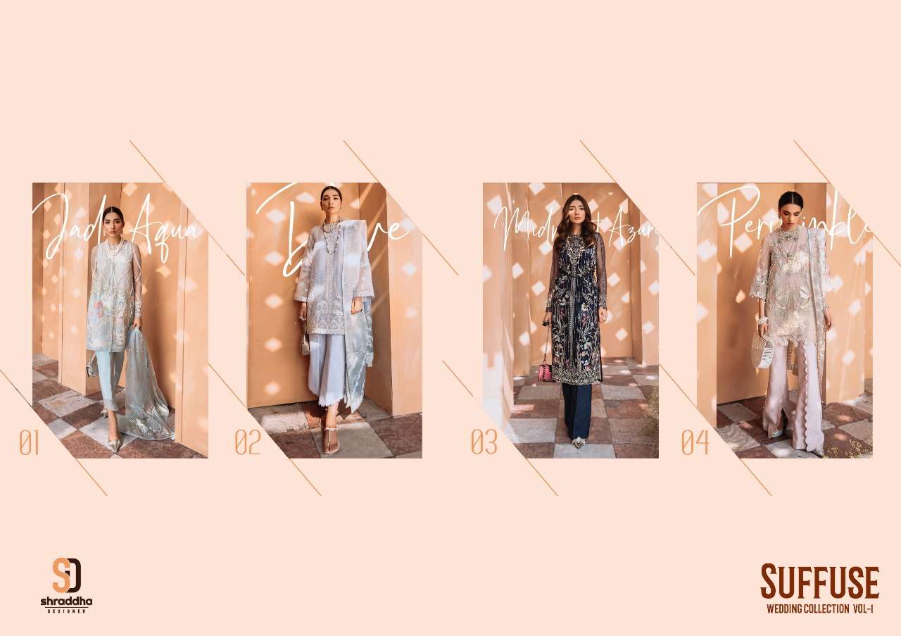 SUFFUSE BY SHRADDHA DESIGNER 01 TO 04 SERIES PAKISTANI SUITS BEAUTIFUL FANCY COLORFUL STYLISH PARTY WEAR & OCCASIONAL WEAR HEAVY NET EMBROIDERED DRESSES AT WHOLESALE PRICE