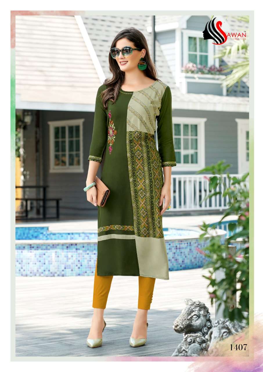 HONEY VOL-14 BY SAWAN CREATION 1401 TO 1412 SERIES BEAUTIFUL COLORFUL STYLISH FANCY CASUAL WEAR & ETHNIC WEAR & READY TO WEAR HEAVY RAYON PRINTED KURTIS AT WHOLESALE PRICE