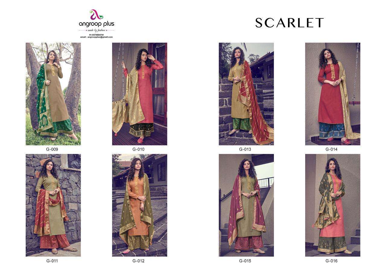 SCARLET BY ANGROOP PLUS 009 TO 016 SERIES BEAUTIFUL STYLISH SHARARA SUITS FANCY COLORFUL CASUAL WEAR & ETHNIC WEAR & READY TO WEAR TUSSAR SILK SATIN WITH EMBROIDERY DRESSES AT WHOLESALE PRICE