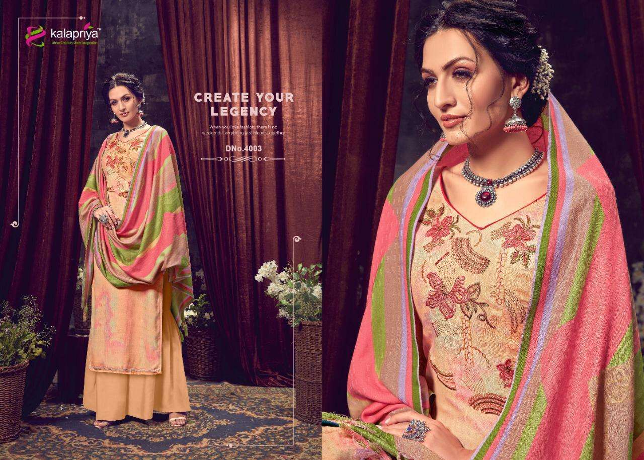 IBADAT VOL-4 BY KALAPRIYA 4001 TO 4008 SERIES BEAUTIFUL STYLISH SHARARA SUITS FANCY COLORFUL CASUAL WEAR & ETHNIC WEAR & READY TO WEAR PURE PASHMINA DIGITAL PRINT WITH EMBROIDERY DRESSES AT WHOLESALE PRICE