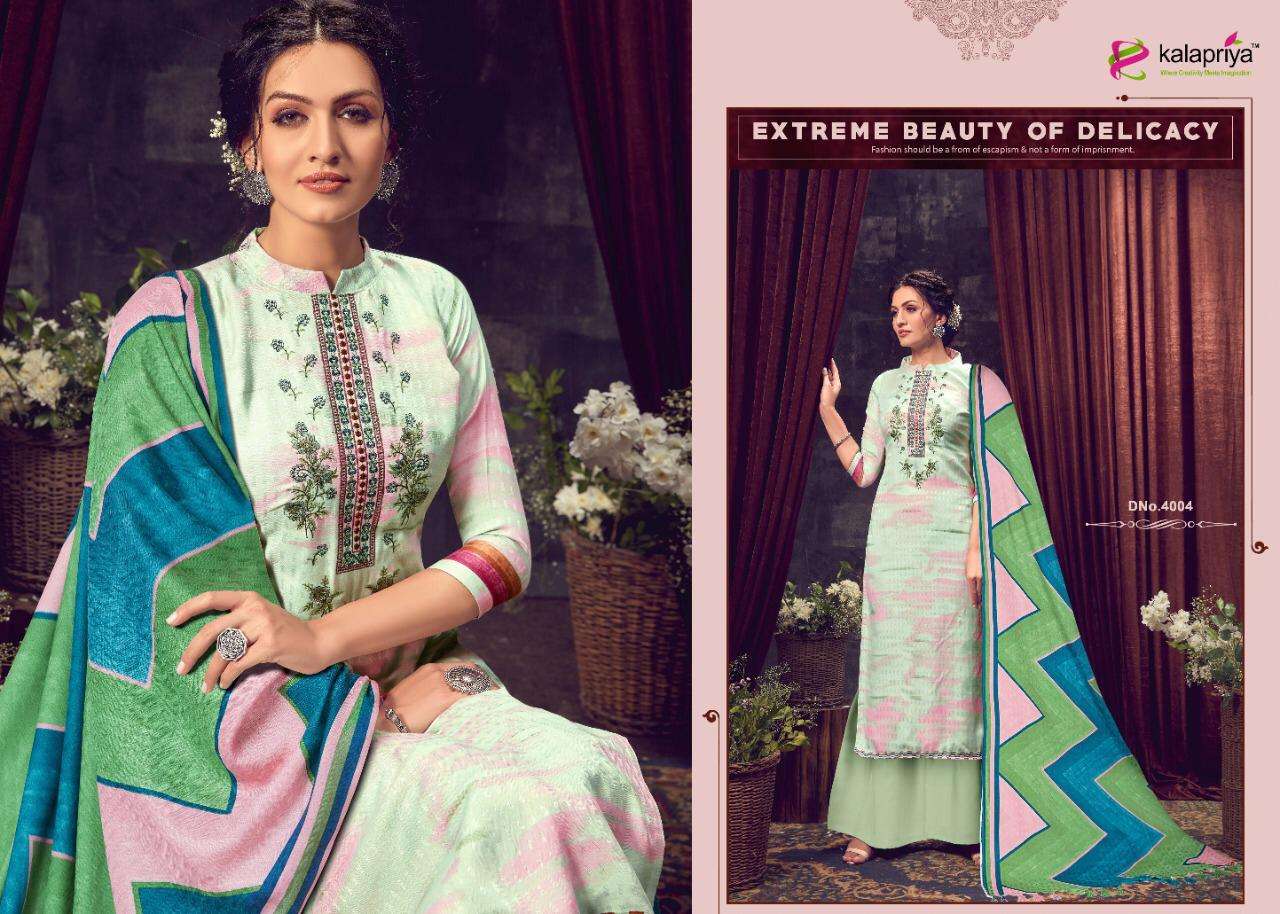 IBADAT VOL-4 BY KALAPRIYA 4001 TO 4008 SERIES BEAUTIFUL STYLISH SHARARA SUITS FANCY COLORFUL CASUAL WEAR & ETHNIC WEAR & READY TO WEAR PURE PASHMINA DIGITAL PRINT WITH EMBROIDERY DRESSES AT WHOLESALE PRICE