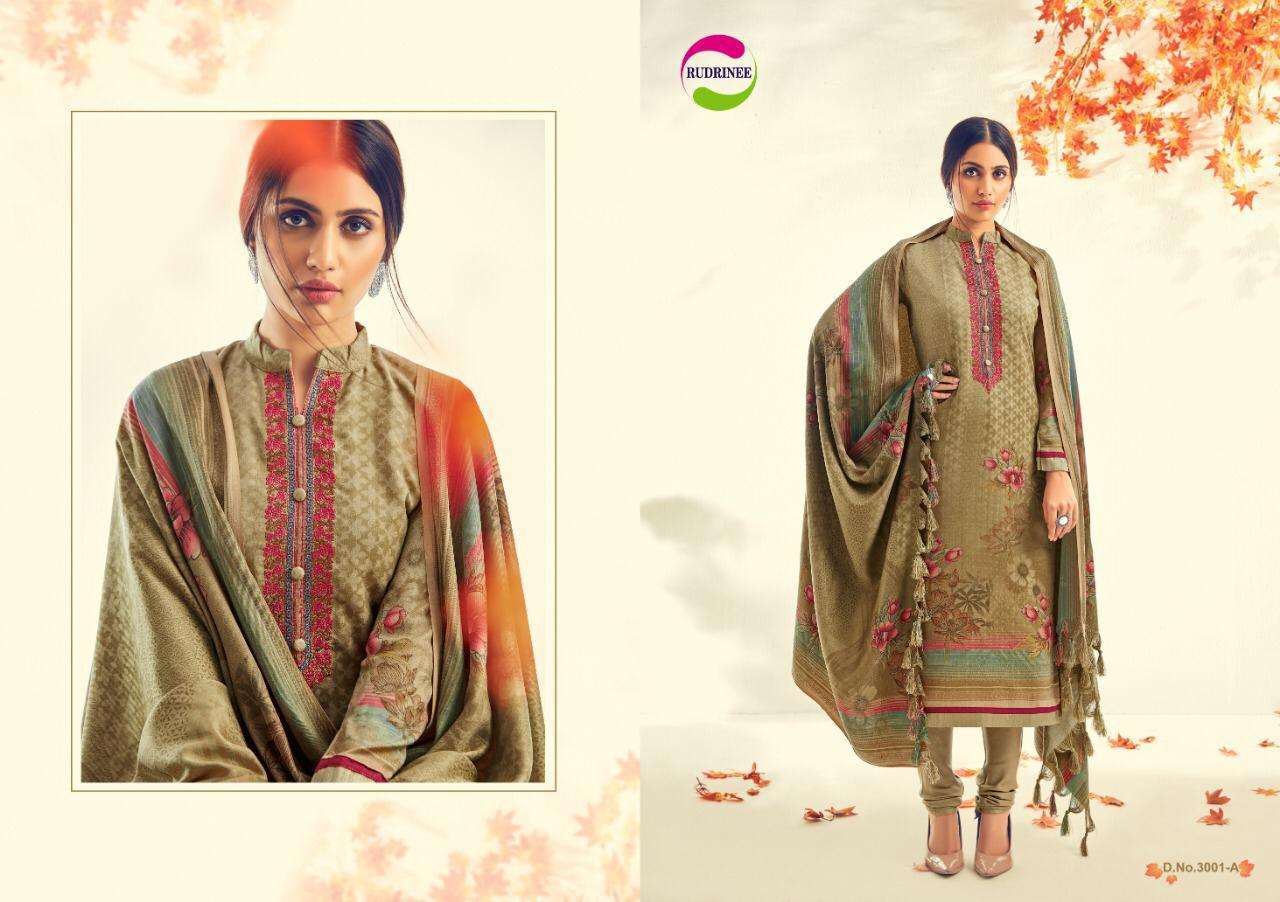 NASHREEN BY RUDRINEE 3001-A TO 3005-B SERIES BEAUTIFUL STYLISH FANCY COLORFUL CASUAL & PARTY WEAR & ETHNIC WEAR COLLECTION PASHMINA DOBBY PRINT WITH EMBROIDERED DRESSES AT WHOLESALE PRICE