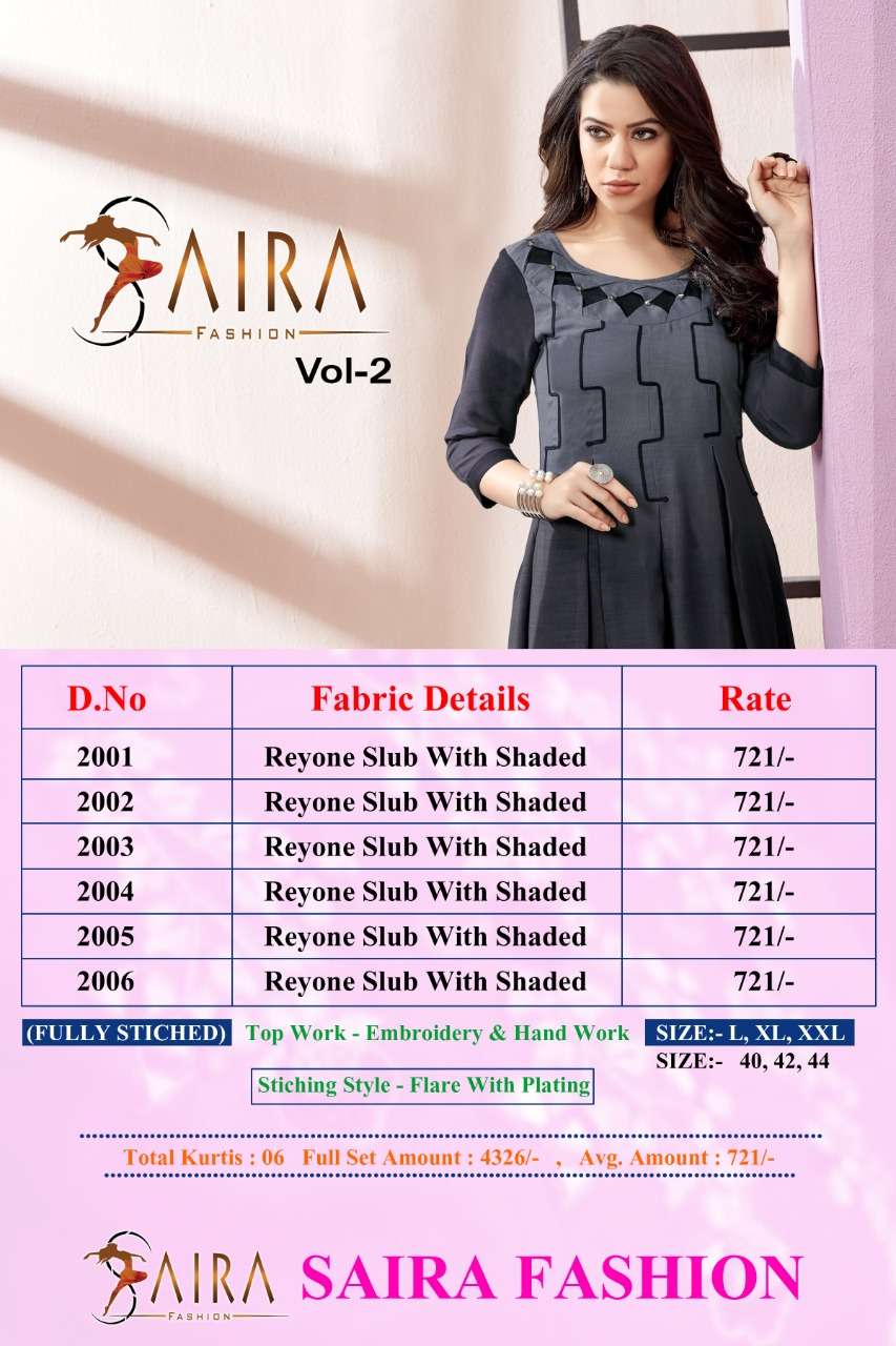 SAIRA VOL-2 BY RAM FASHION  2001 TO 2006 SERIES BEAUTIFUL COLORFUL STYLISH FANCY CASUAL WEAR & ETHNIC WEAR & READY TO WEAR RAYON SLUB WITH SHADED EMBROIDERY  KURTIS AT WHOLESALE PRICE