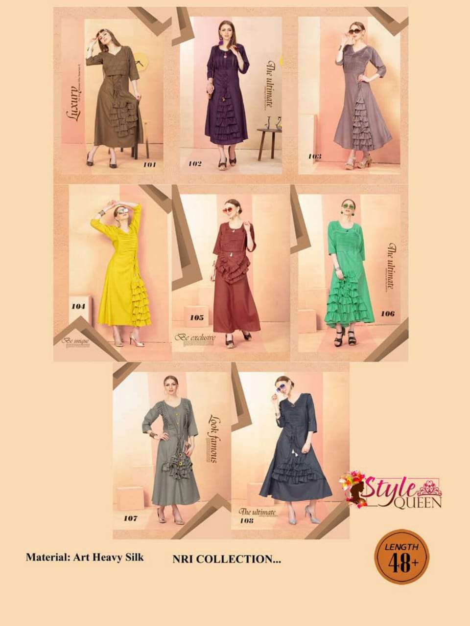 DELLAA BY STYLE QUEEN 101 TO 108 SERIES BEAUTIFUL COLORFUL STYLISH FANCY CASUAL WEAR & ETHNIC WEAR & READY TO WEAR SILK BANGLORI KURTIS AT WHOLESALE PRICE