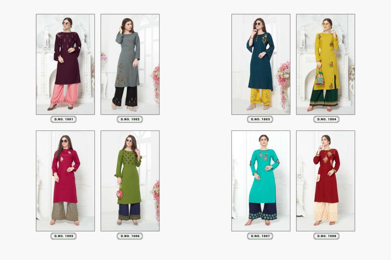NOOR VOL-5 BY KAJRI STYLE 1001 TO 1008 SERIES BEAUTIFUL COLORFUL STYLISH FANCY CASUAL WEAR & ETHNIC WEAR & READY TO WEAR RAYON WITH HEAVY WORK KURTIS AT WHOLESALE PRICE
