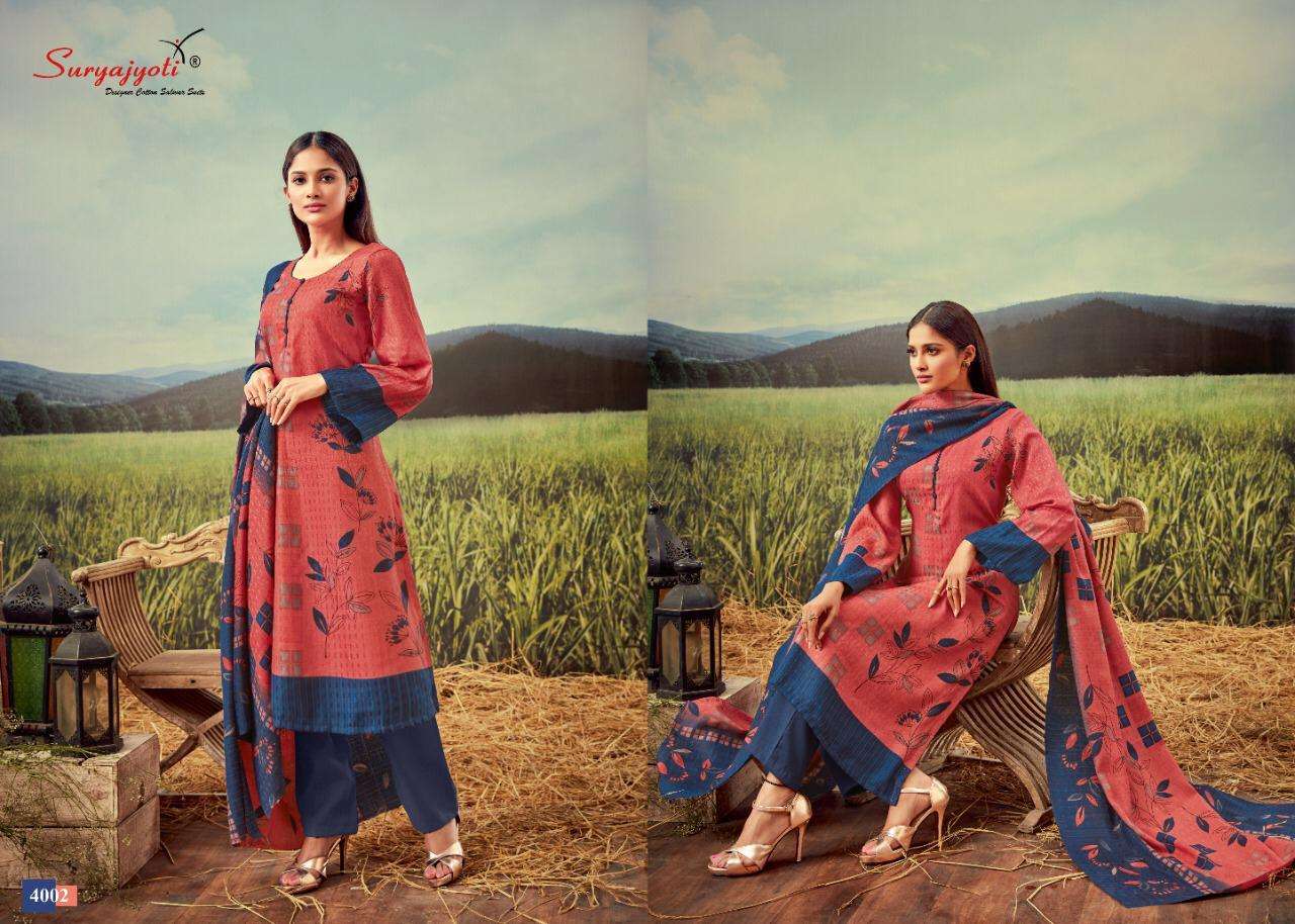 GURLEEN VOL-4 BY SURYAJYOTI 4001 TO 4010 SERIES BEAUTIFUL SUITS STYLISH FANCY COLORFUL CASUAL WEAR & ETHNIC WEAR PASHMINA DOBBY PRINTED DRESSES AT WHOLESALE PRICE