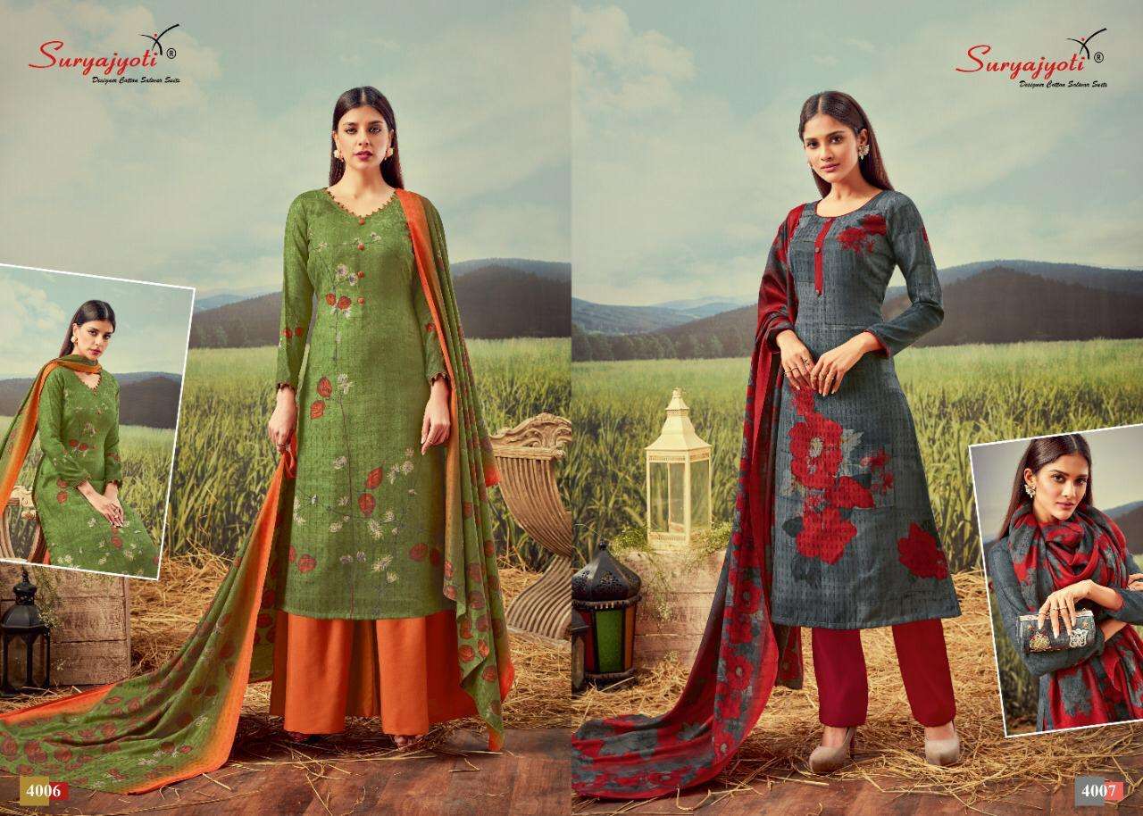 GURLEEN VOL-4 BY SURYAJYOTI 4001 TO 4010 SERIES BEAUTIFUL SUITS STYLISH FANCY COLORFUL CASUAL WEAR & ETHNIC WEAR PASHMINA DOBBY PRINTED DRESSES AT WHOLESALE PRICE
