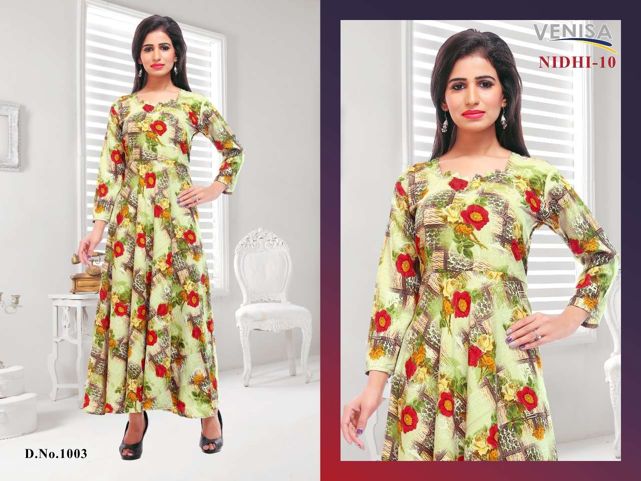 NIDHI VOL-10 BY VENISA 1001 TO 1004 SERIES BEAUTIFUL STYLISH FANCY COLORFUL CASUAL WEAR & ETHNIC WEAR & READY TO WEAR 14 KG HEAVY RAYON PRINTED KURTIS AT WHOLESALE PRICE