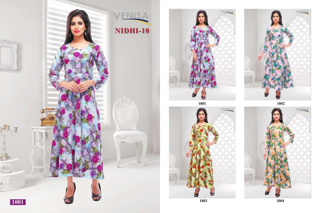 NIDHI VOL-10 BY VENISA 1001 TO 1004 SERIES BEAUTIFUL STYLISH FANCY COLORFUL CASUAL WEAR & ETHNIC WEAR & READY TO WEAR 14 KG HEAVY RAYON PRINTED KURTIS AT WHOLESALE PRICE