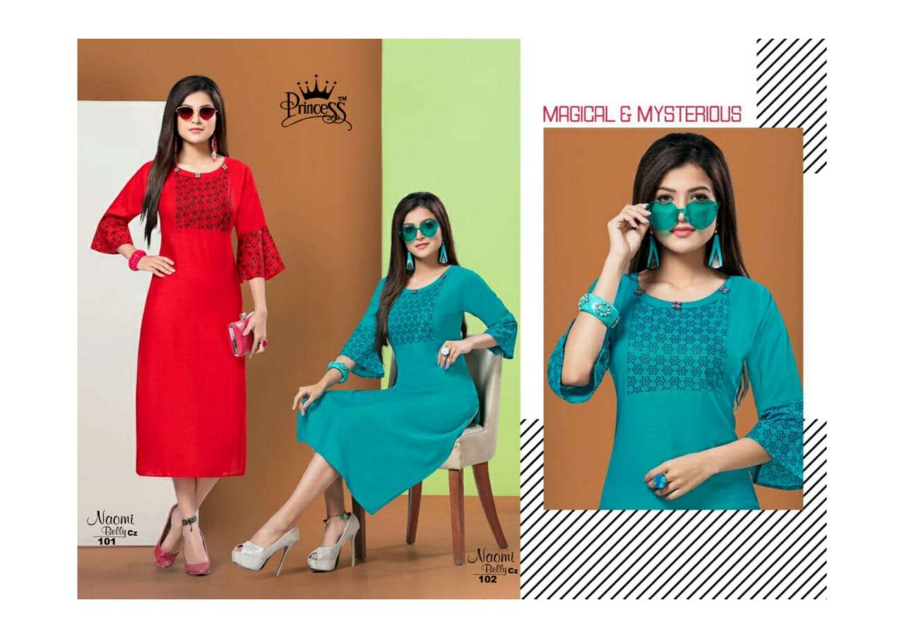 NAOMI BELLY BY PRINCESS 101 TO 112 SERIES BEAUTIFUL COLORFUL STYLISH FANCY CASUAL WEAR & ETHNIC WEAR & READY TO WEAR SLUB RAYON  KURTIS AT WHOLESALE PRICE