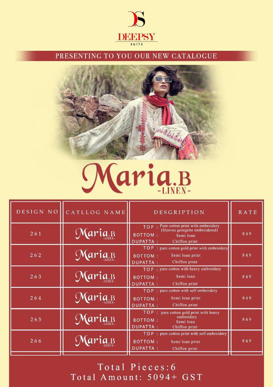 MARIA.B LINEN BY DEEPSY SUITS 261 TO 266 SERIES DESIGNER PAKISTANI SUITS BEAUTIFUL STYLISH FANCY COLORFUL CASUAL WEAR & ETHNIC WEAR PURE COTTON PRINTED WITH EMBROIDERED DRESSES AT WHOLESALE PRICE