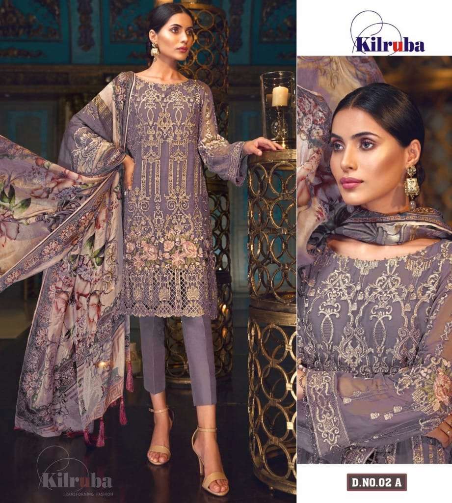 JAZMIN 02-A BY KILRUBA DESIGNER FESTIVE SUITS COLLECTION BEAUTIFUL STYLISH FANCY COLORFUL PARTY WEAR & OCCASIONAL WEAR GEORGETTE EMBROIDERED DRESSES AT WHOLESALE PRICE