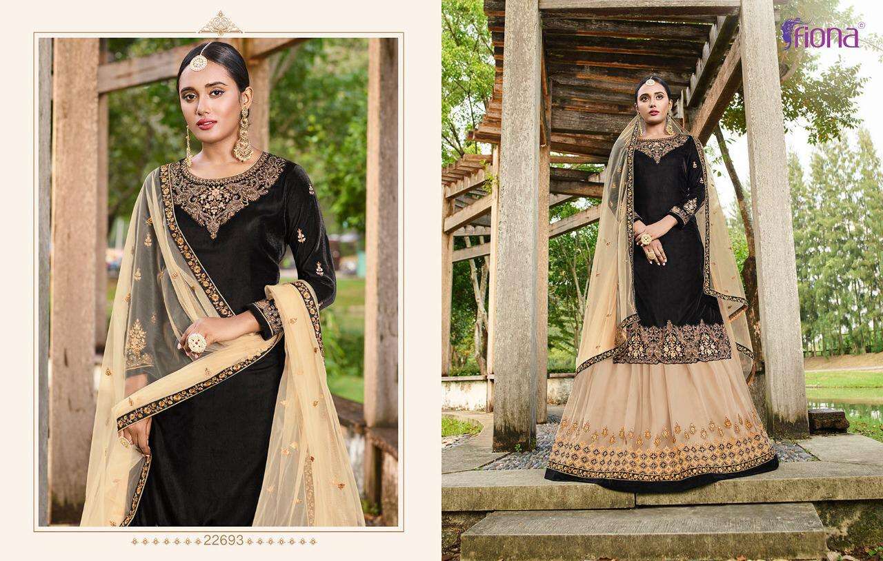 VELVET BY FIONA 22691 TO 22695  SERIES DESIGNER SHARARA SUITS COLLECTION BEAUTIFUL STYLISH FANCY COLORFUL PARTY WEAR & OCCASIONAL WEAR VELVET 9000 EMBROIDERY DRESSES AT WHOLESALE PRICE