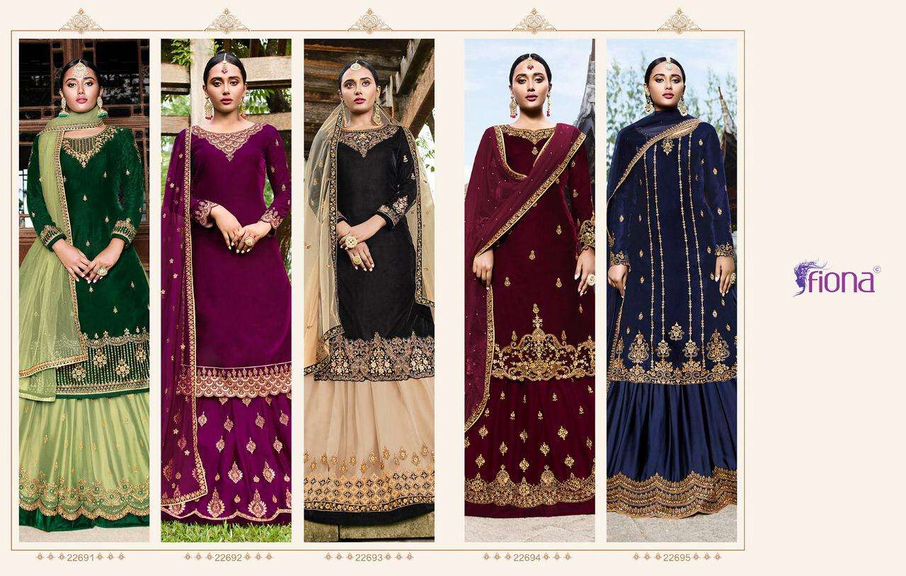 VELVET BY FIONA 22691 TO 22695  SERIES DESIGNER SHARARA SUITS COLLECTION BEAUTIFUL STYLISH FANCY COLORFUL PARTY WEAR & OCCASIONAL WEAR VELVET 9000 EMBROIDERY DRESSES AT WHOLESALE PRICE