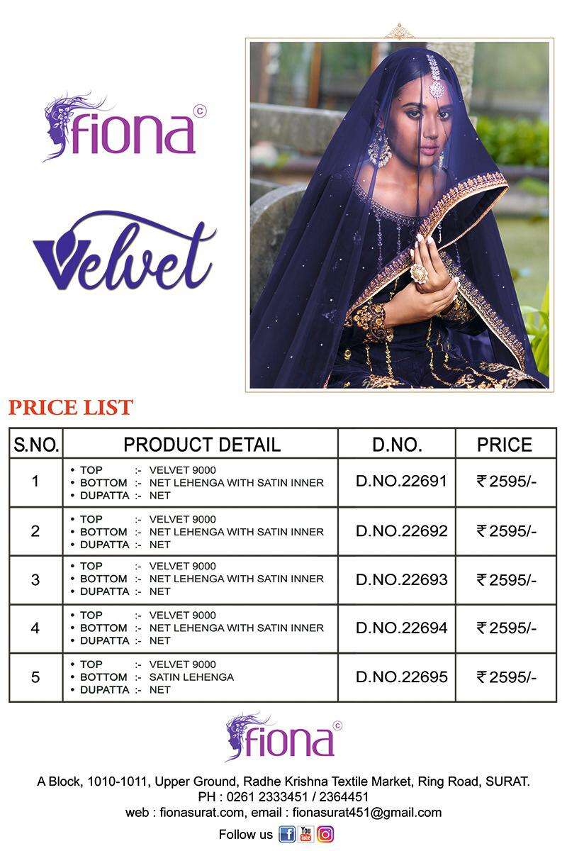 VELVET BY FIONA 22691 TO 22695  SERIES DESIGNER SHARARA SUITS COLLECTION BEAUTIFUL STYLISH FANCY COLORFUL PARTY WEAR & OCCASIONAL WEAR VELVET 9000 EMBROIDERY DRESSES AT WHOLESALE PRICE