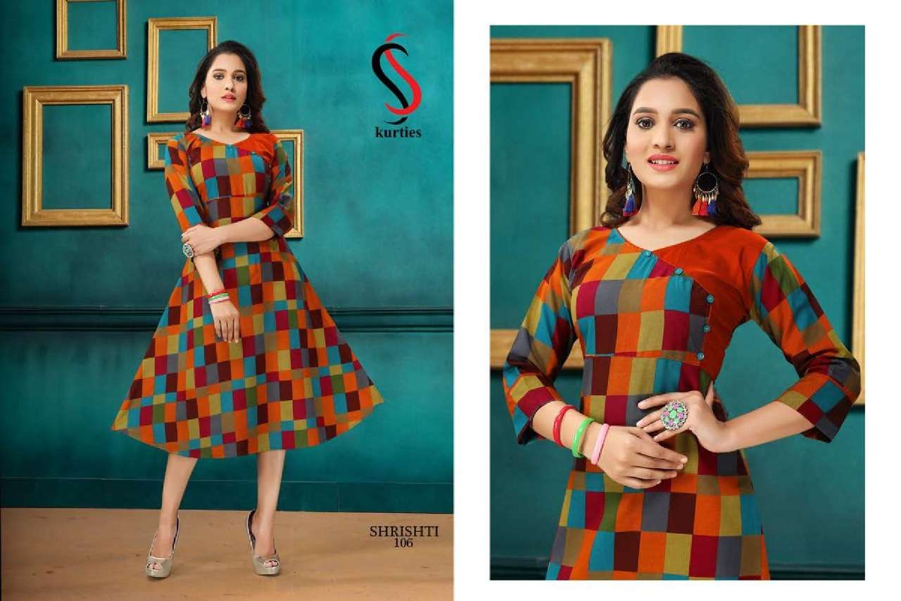 SHRISHTI BY S S KURTIS 101 TO 110 SERIES BEAUTIFUL STYLISH FANCY COLORFUL CASUAL WEAR & ETHNIC WEAR & READY TO WEAR RAYON PRINTED KURTI AT WHOLESALE PRICE